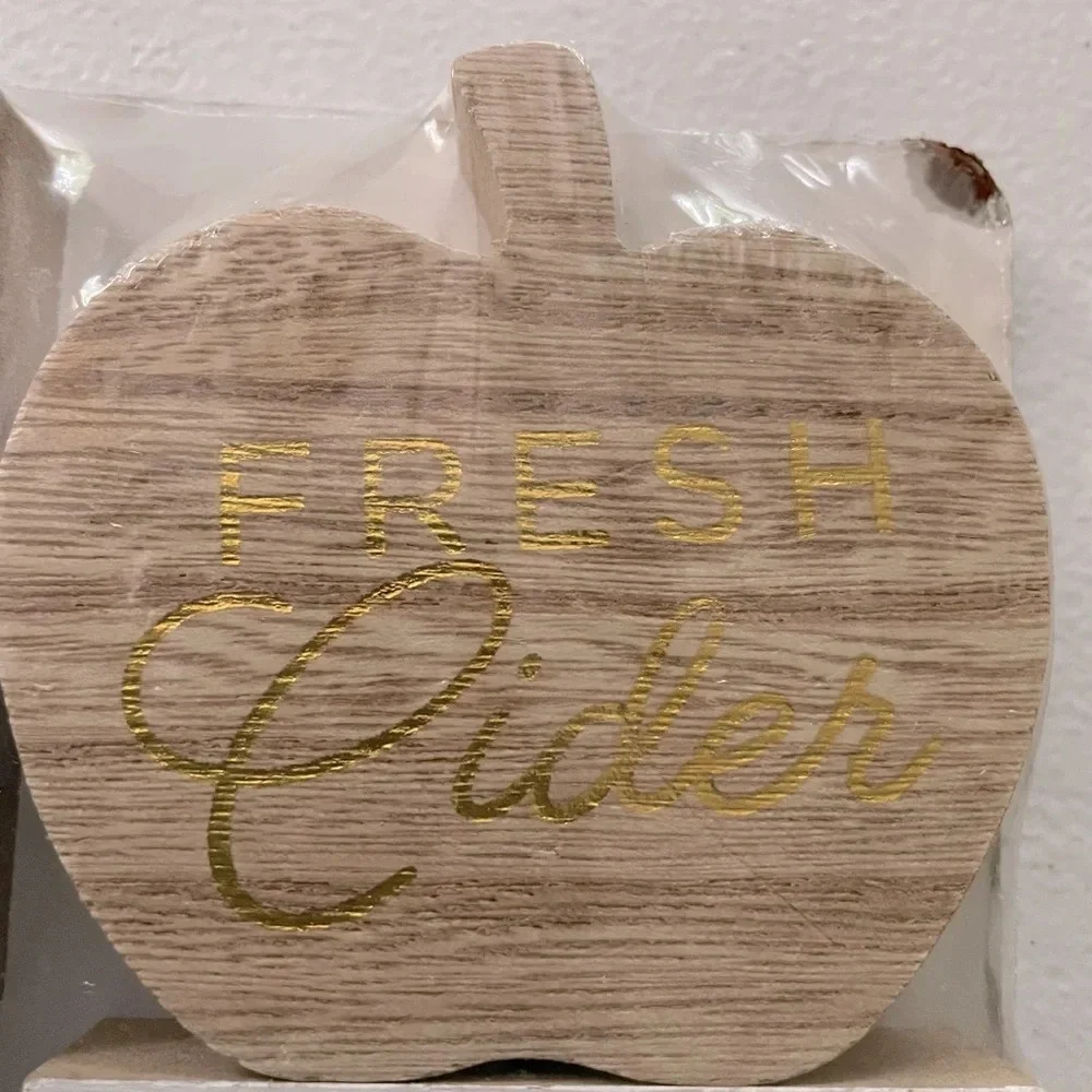 NWT 4pc wood decor prop pack with various sayings & shapes. Black, white & gold.